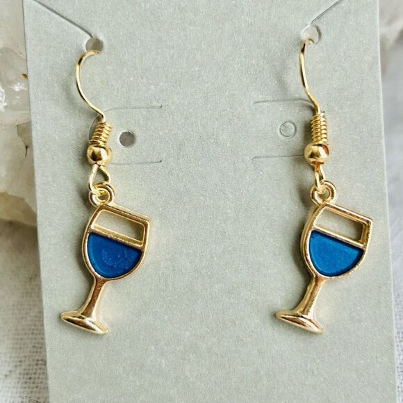 3/$15 Yellow Gold Blue Enamel Wineglass Dangle Earrings - Picture 2 of 4